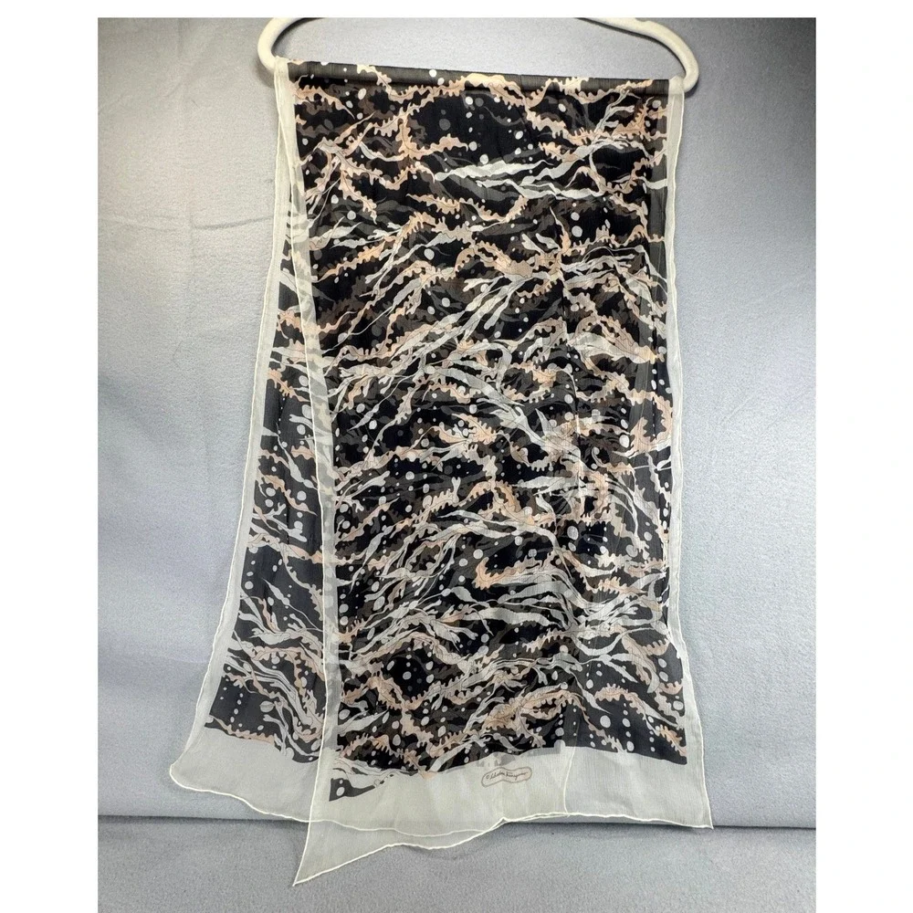 Vintage Salvatore Ferragamo Sheer Chiffon Scarf Stole Black Beige Oak Leaf Italy